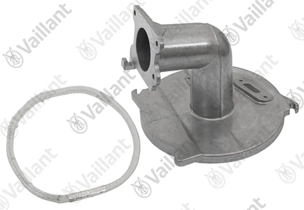 Vaillant Brennerflansch aus Metall mit verbautem Rohr, ausgestattet mit einer Dichtung. Das Produkt ist für Heizsysteme konzipiert.